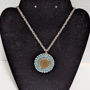 Vintage Indian Penny 1901 Silver Tone w/ Turquoise-like Bead Pendant w/ ST Chain
